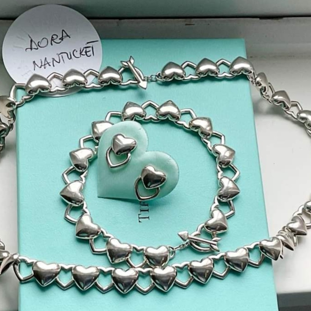 Tiffany & Co Silver Double Heart Necklace Toggle Arrow Set